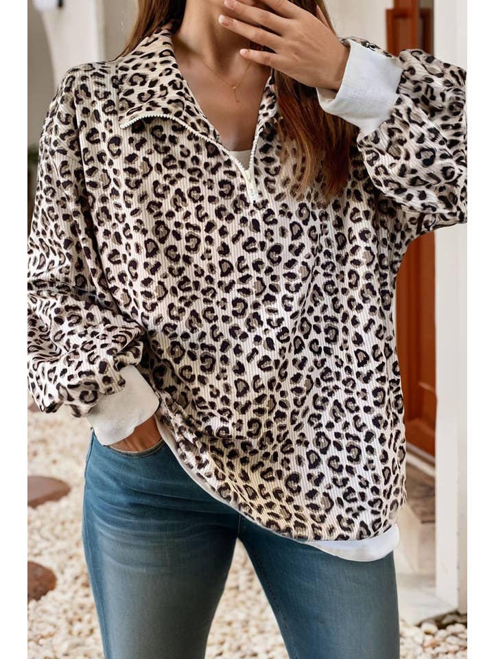 Little Daisy Closet - Wholesale Sweatshirt - Women's - LDC Leopard Print Quarter Zip Corduroy Sweatshirt0