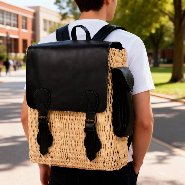 Sac à dos artisanal en paille et cuir marocain pour la vente par King Of Handmade