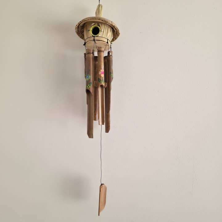 Hand-Painted Flower Bamboo Wind Chime Birdhouse for wholesale by Gitzell FairTrade