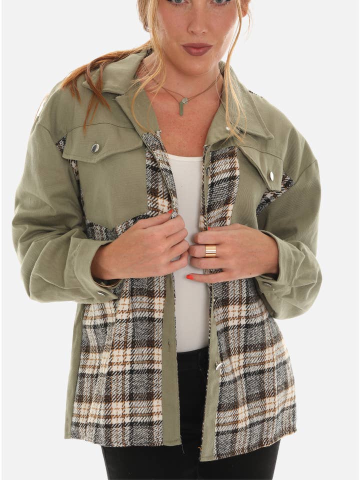 Shoreline Wear. INC - Wholesale Denim Jacket - Women's - Denim Jacket with Plaid Inset (PLUS)