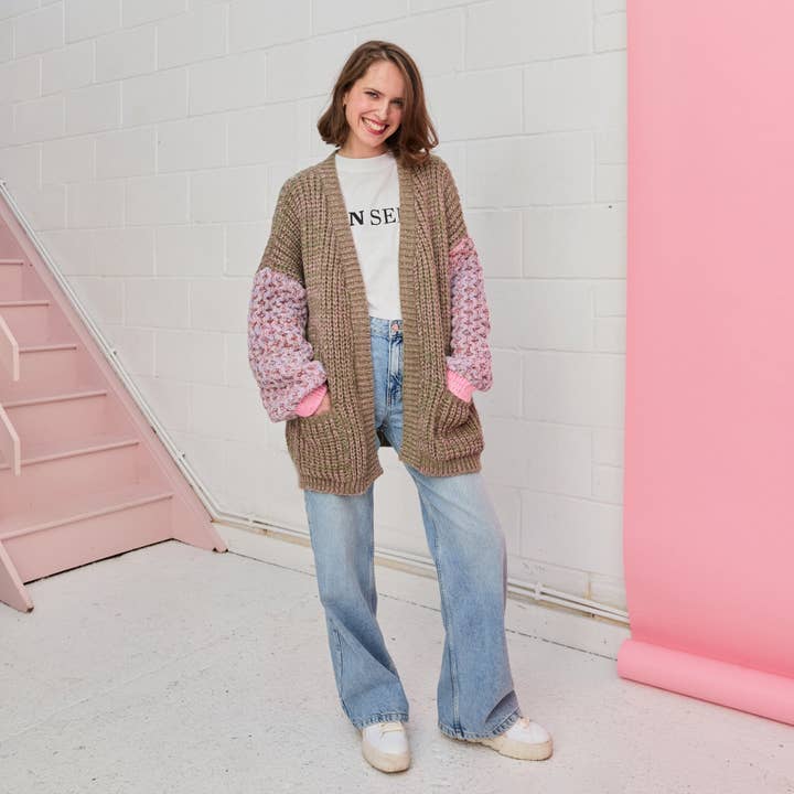 Cara & The Sky - Wholesale Cardigan - Women's - Madison Oversized Balloon Sleeve Knit Cardigan - Khaki Knit