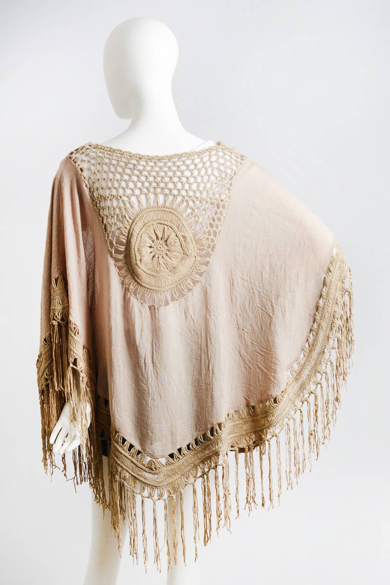 Leto Accessories – wholesale Kimono – Women's – Bohemian Fringe Tassel Kimono with Crochet Medallion 🌿0