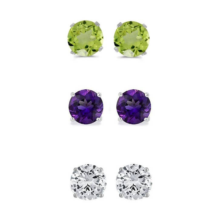 14k White Gold Plated 1Ct Created Peridot, Amethyst and White Sapphire 3 Pair Round Stud Earrings for wholesale by Paris Jewelry