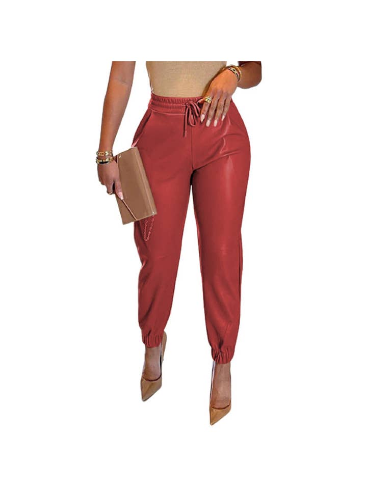 Blak Wardrob - Wholesale Pants – Women's - Women's Solid Color Faux Leather Drawstring Pants7