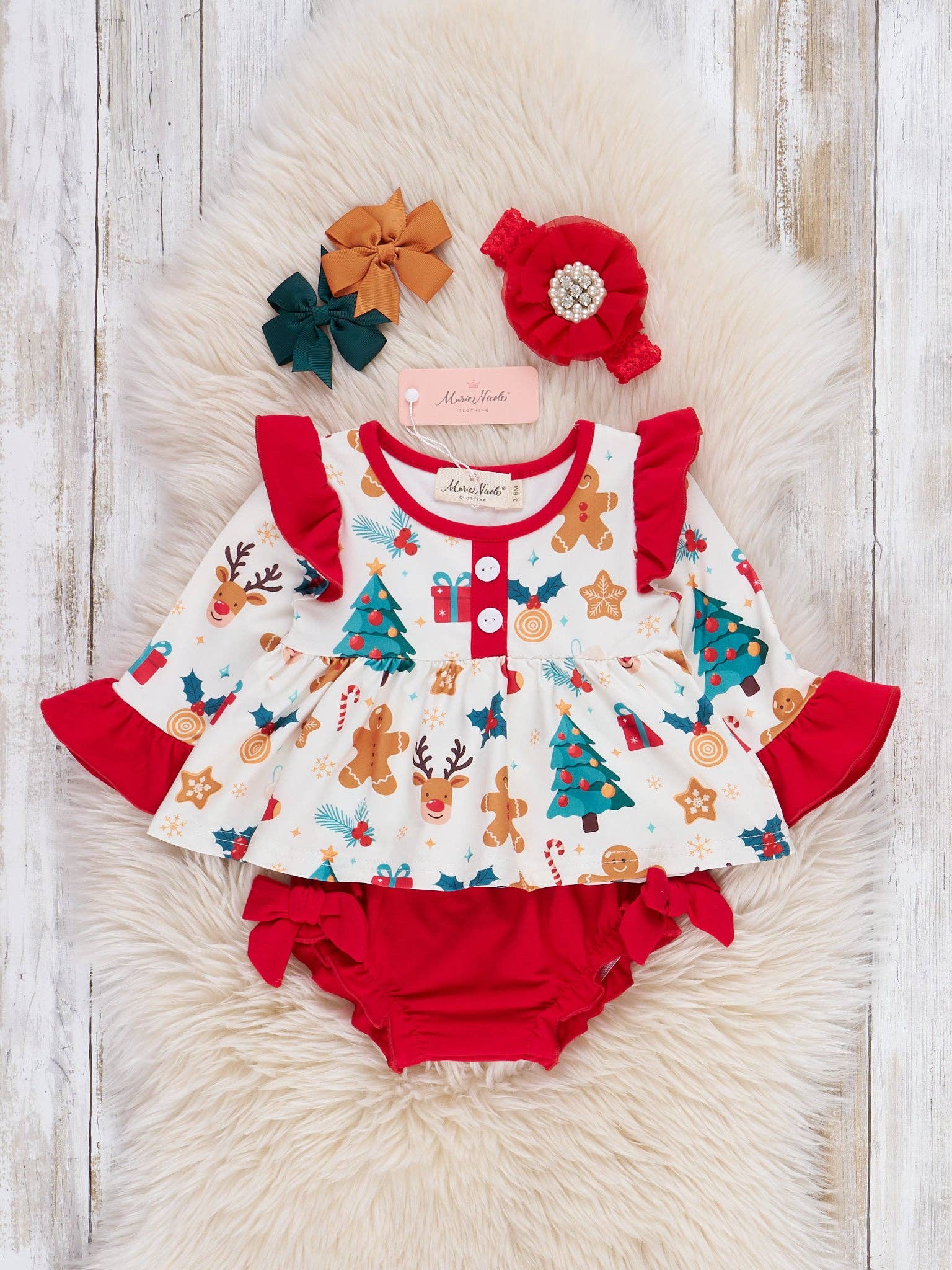 Marie Nicole Clothing - Wholesale Clothing Set - Baby - Holiday Delights Bow Bloomers Outfit0