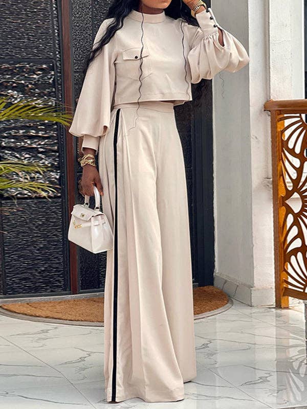 Apricot Casual Long Sleeves T-Shirts & High-Waisted Wide Leg Pants Suits for wholesale on Faire3
