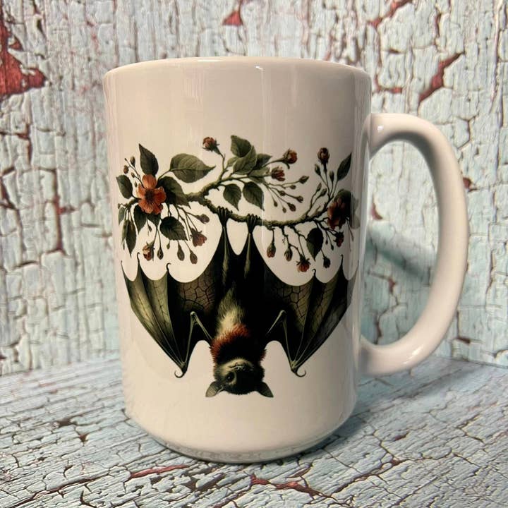 Roses & Bat Halloween 15oz Coffee Mug for wholesale by Prairie Chicken Sticker Shop & Gifts