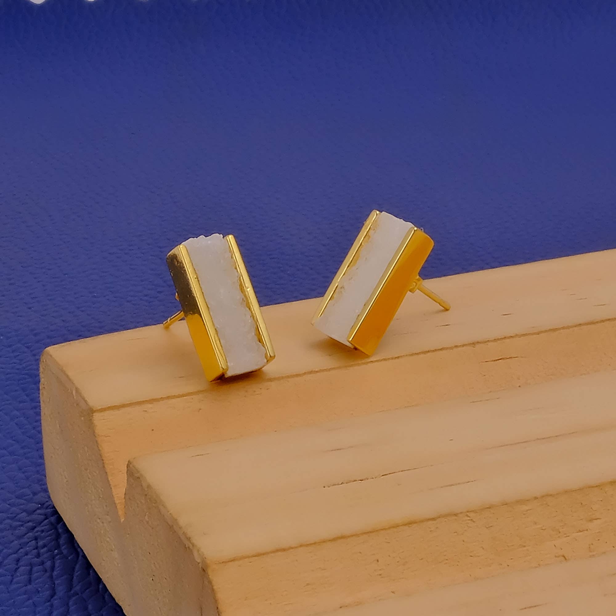 El Joyero - Wholesale Stud/Post Earrings - White Druzy Gemstone Gold Plated Collet Set Stud Earring2