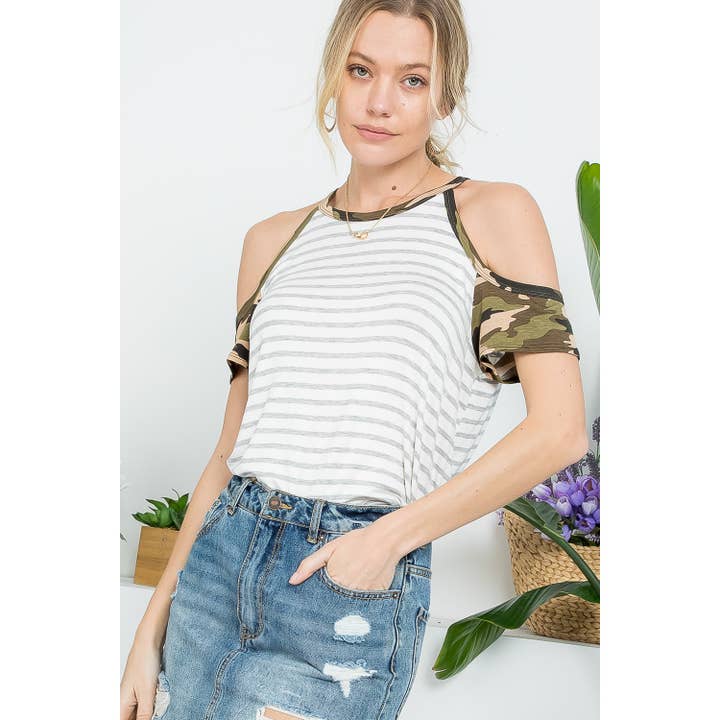 STRIPE CAMO MIX COLD SHOULDER TOP for wholesale by Clothing of America