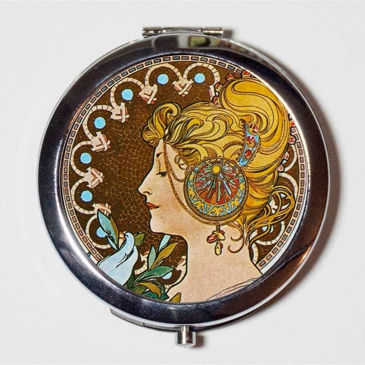 Alphonse Mucha Compact Mirror - Feather Art Nouveau Boho Bohemian Gypsy - Make Up Pocket Mirror for Cosmetics for wholesale by FringePop