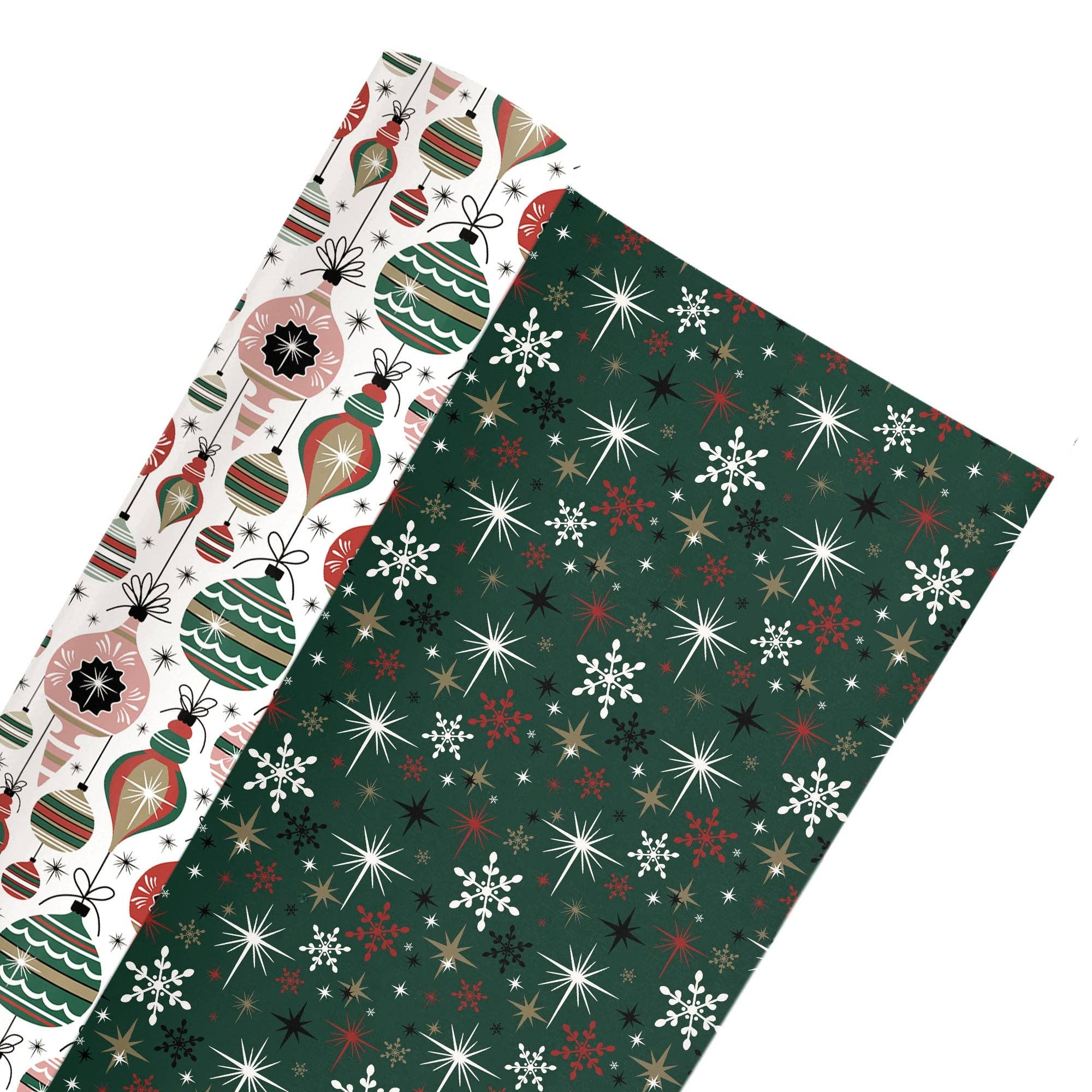 LA Ribbons Wholesale - Wholesale Wrapping Paper Roll - 24" x 417" Reversible Holiday Wrapping Paper | Retro Ornaments/Retro Snowflakes and Stars2