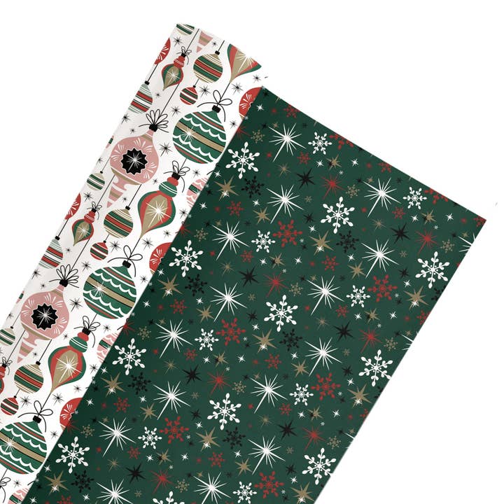 LA Ribbons Wholesale - Wholesale Wrapping Paper Roll - 24" x 417" Reversible Holiday Wrapping Paper | Retro Ornaments/Retro Snowflakes and Stars
2