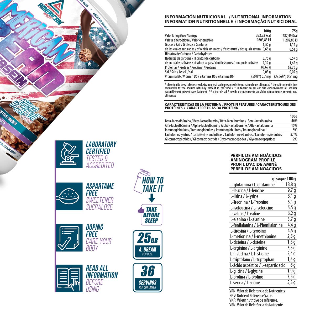 AMERICAN SUPLEMENT S.L. - Vendita all'ingrosso Vitamine/integratori orali - American Supplement | Caseina micellare | 900 grammi9