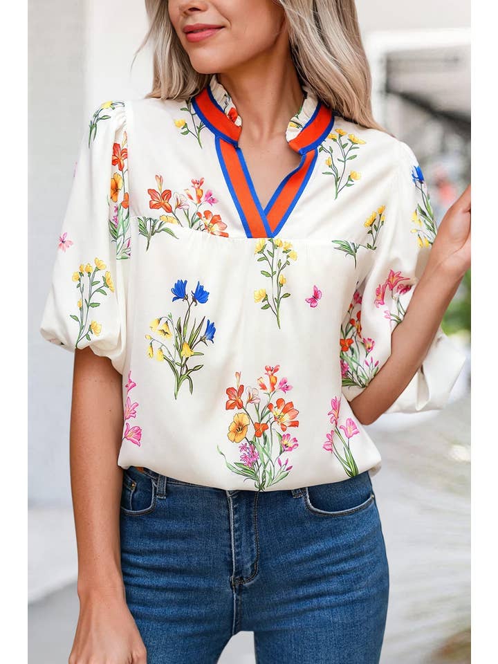 As shown Boho Floral Print V Neck Shift Blouse | S-XL for wholesale on Faire