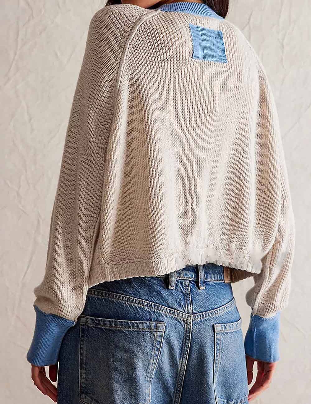 Sweetkama - Vente Cardigan – femme - Gilet à manches longues avec boutons, col rond et blocs de couleur pour femmes3