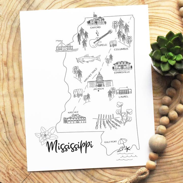 Sketch print of Mississippi - map and points of interest for wholesale by Simply Sketch Studio