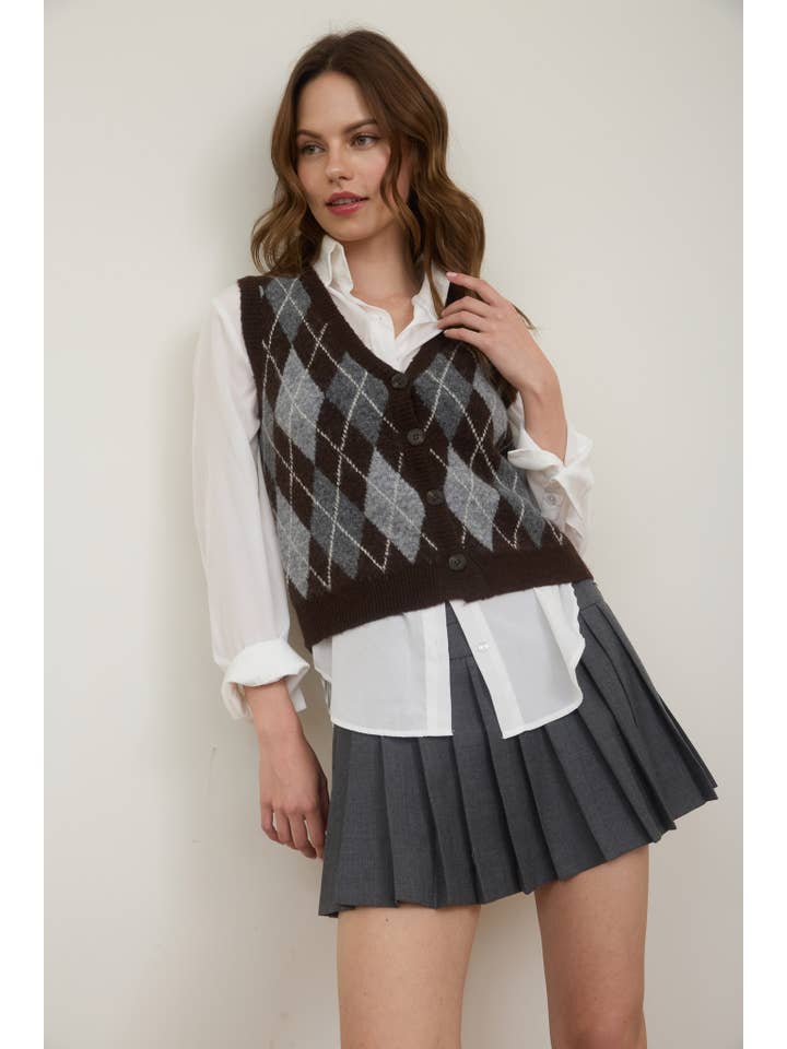 The Workshop Studio - Vente Veste sans manches – femme - GILET EN MAILLE À BOUTONS AVEC MOTIF ARGYLE6