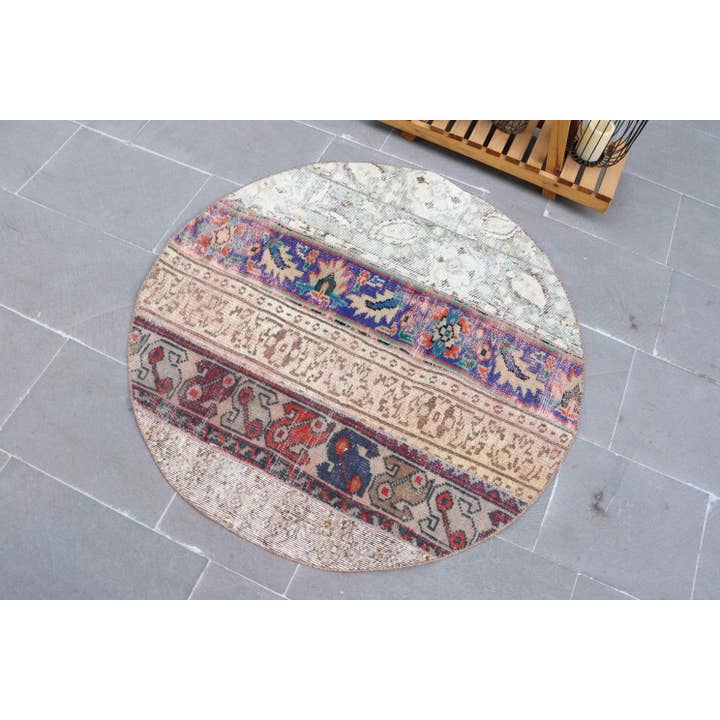 The Loom Wholesale - Wholesale Rug Pad - Vintage 3,6x3,6 ft Rug, Turkish Rug, Blue Geometric with floral elements Wool Rug3