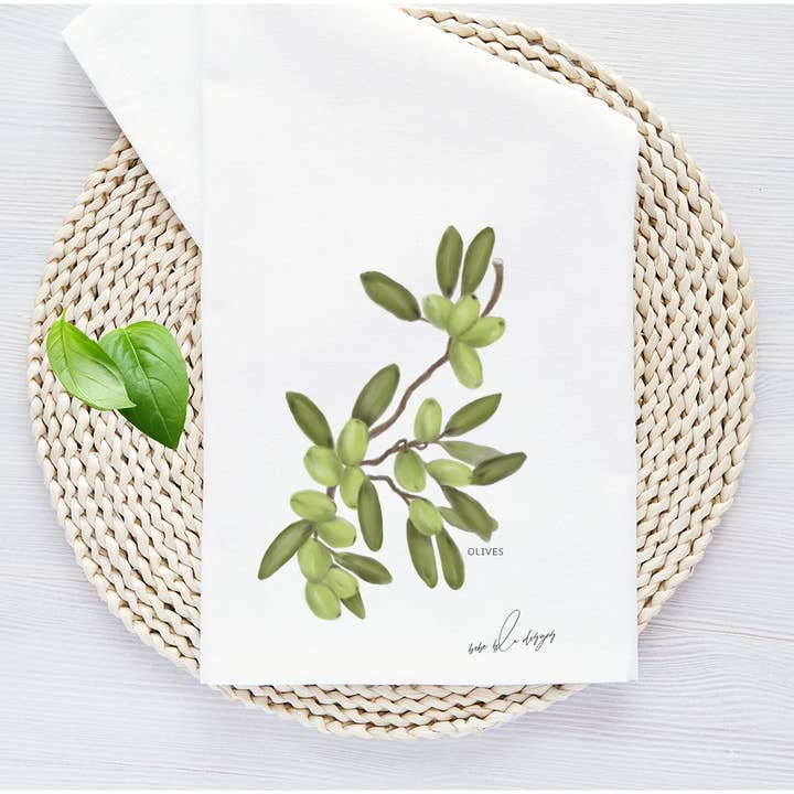 Olives Flour Sack Tea Towel, Kitchen Decor, Cotton for wholesale by Bebe Blu Designs, LLC