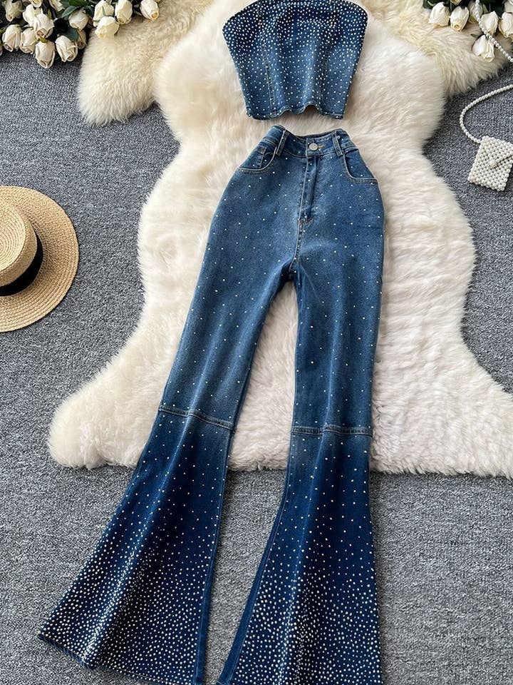 BLUE Strapless Denim Flared Pants Set for wholesale on Faire1