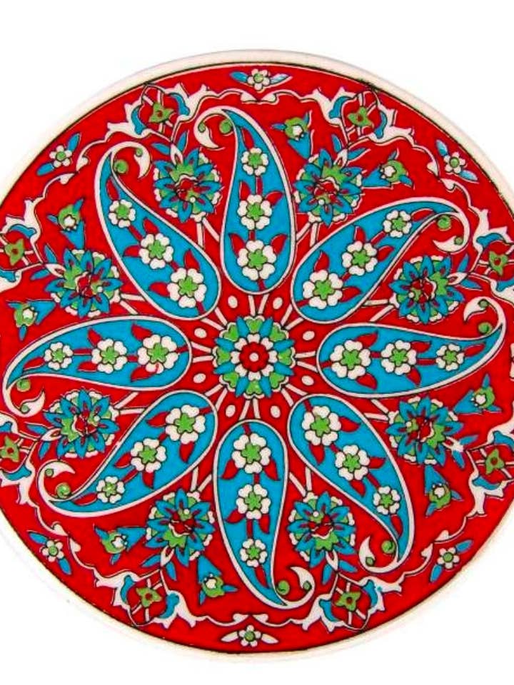 Dessous-de-plat en céramique fait main, motif floral cachemire – importé avec dos antidérapant (6,3") pour la vente par 2 Greeks Inc