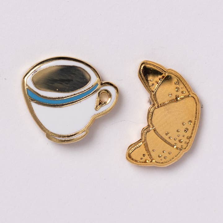 Croissant & Coffee Earrings - Gold Statement Studs for wholesale by Yellow Owl Workshop