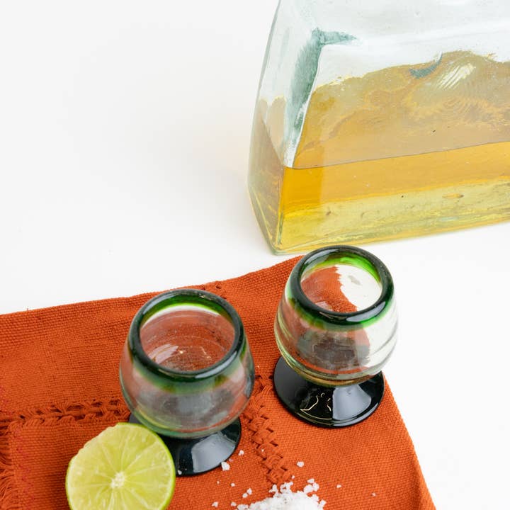 MEXTEQUIL - Wholesale Shot Glass - Hand Blown Shot Glasses Mini Copitas Set of 4- 2Oz- Green Rim10