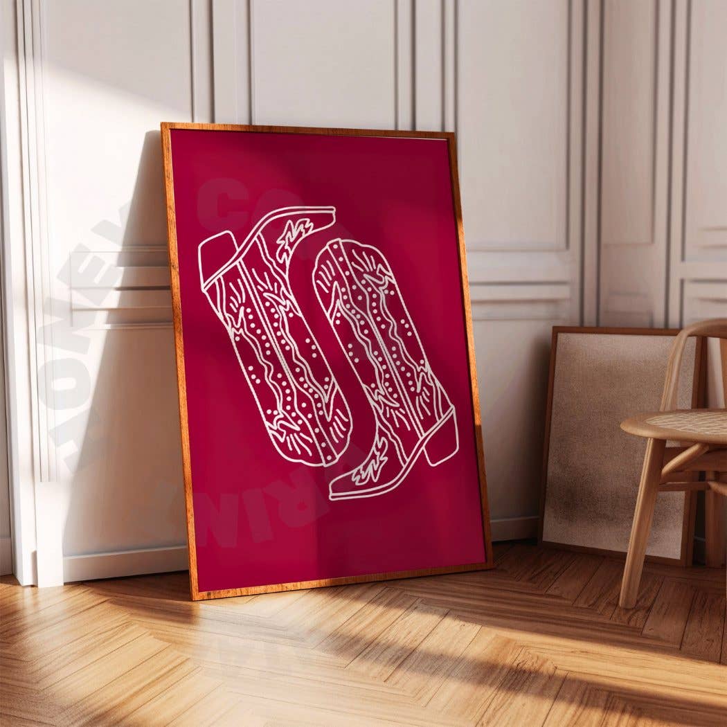 Honey Coast Print Co. - Wholesale Art Print - Deep Cherry Red Cowboy Boots Wall Art Print0