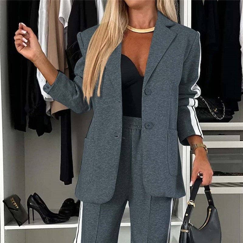 FurDecoration - Vendita all'ingrosso Completo - Donna - Completo casual con blazer a maniche lunghe e pantaloni a blocchi di colore1
