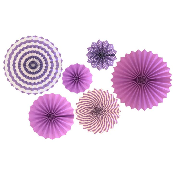 Éventails en papier suspendus (6 pièces) - Violet & Blanc pour la vente par Peacock Supplies