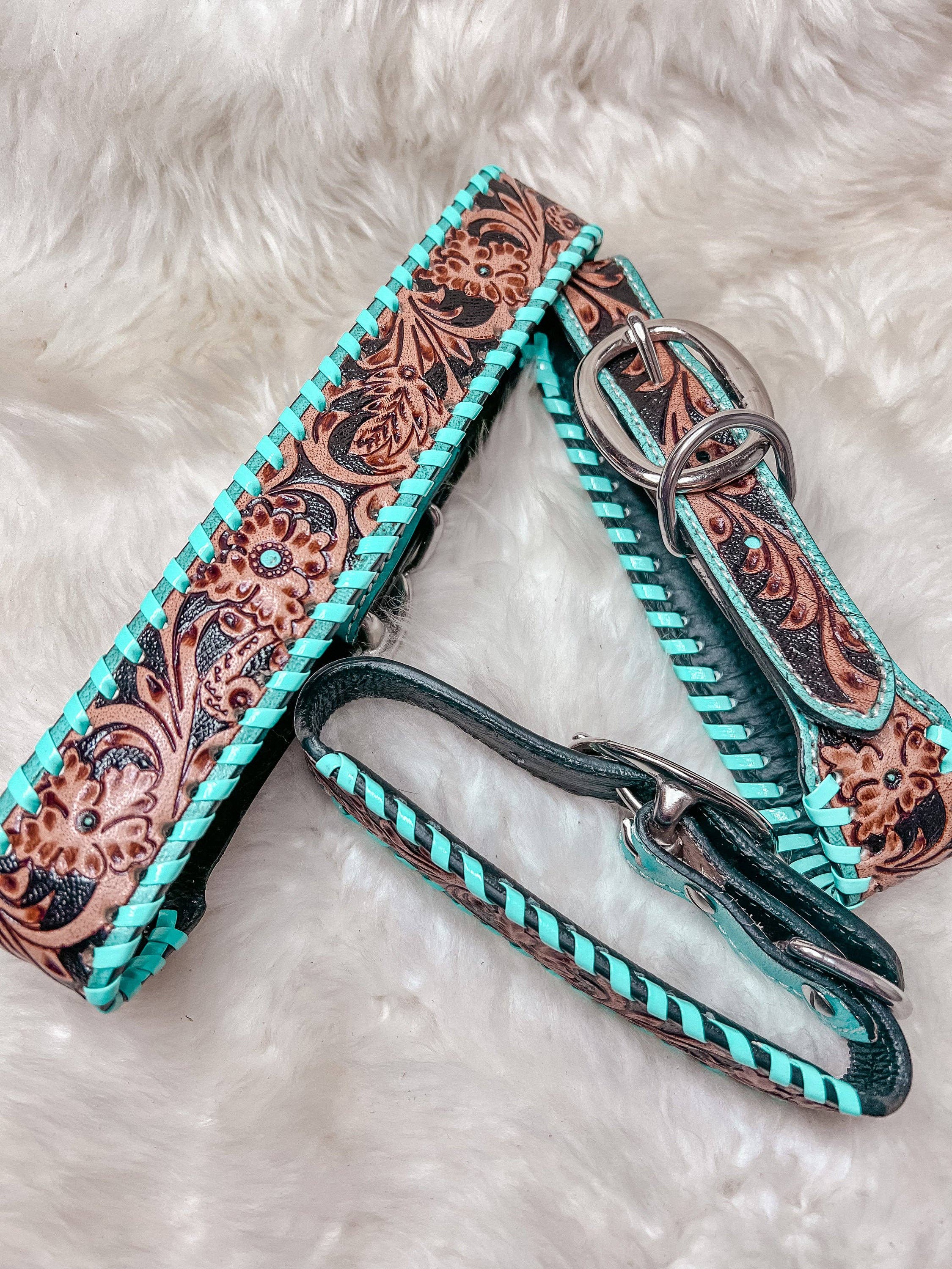 The Sterling Gypsy - Wholesale Pet Collar - Dog - Turquoise Tooled Leather Western style Dog Collar, Show Dog, Farm Dog, Cow Dog, Cattle Dog1