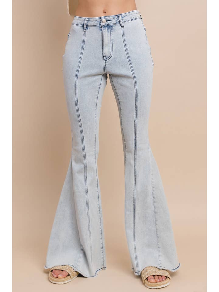 WISTERIA LANE - Wholesale Jeans - Women's - SUEDE STAR FLARED DENIM PANTS - 2317 LT DENIM/ YELLOW