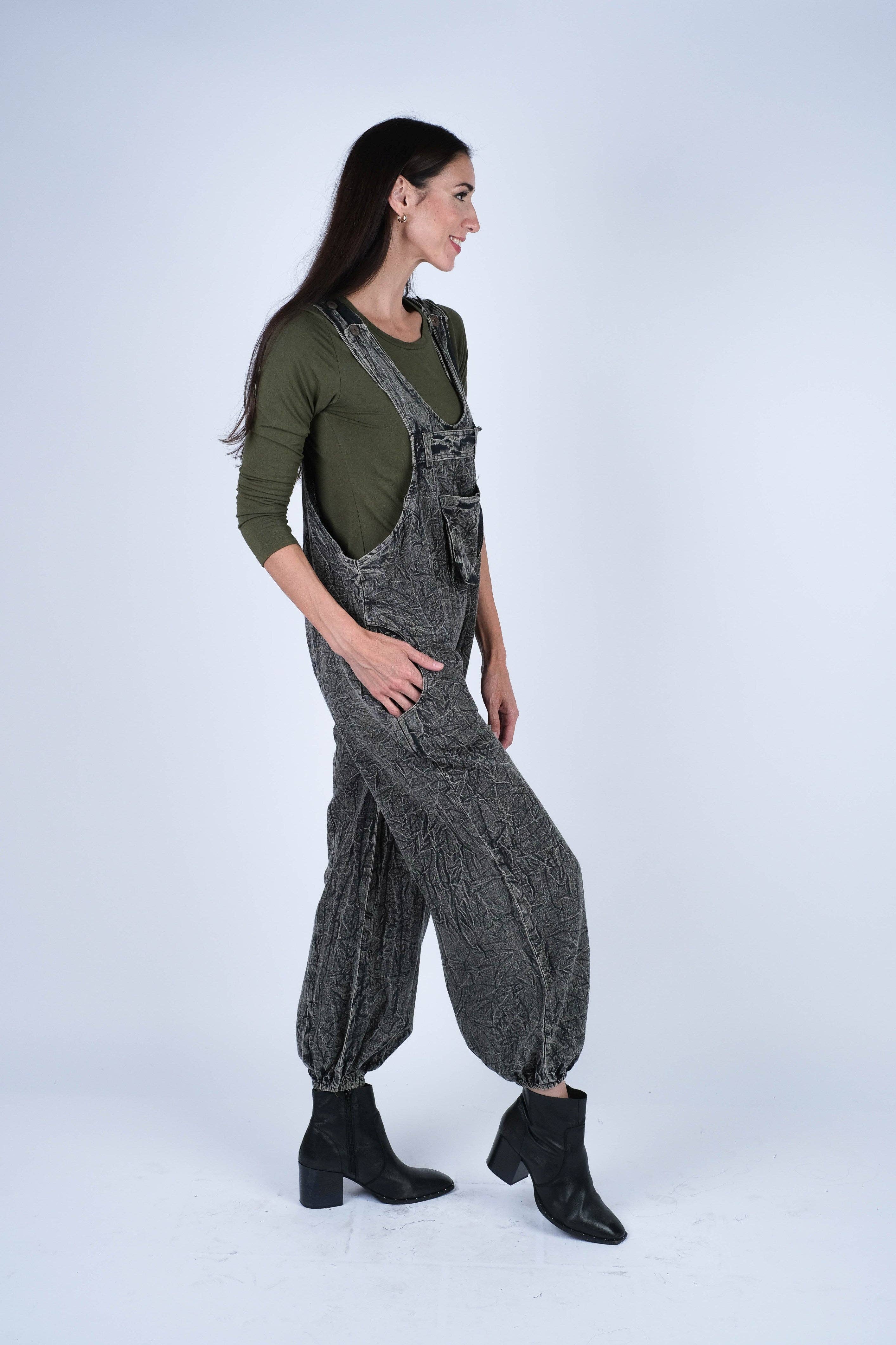 Sacred Threads - Wholesale Overalls - Women's - Textured Stone-Washed Cotton Overalls Cuffed Bottoms7