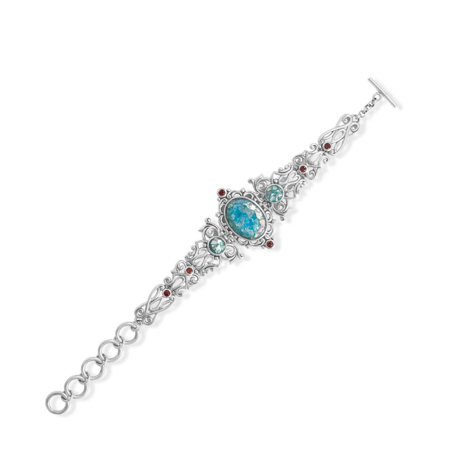 Silver Stars Collection - Wholesale Charm/Dangle Bracelet - 8" Oxidized Ornate Ancient Roman Glass and Garnet Bracelet
