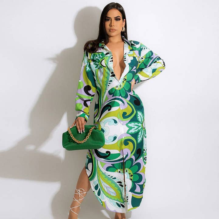 pinkblu02 - Wholesale Dress - Women's - Women Fashion Vacation Boho Style Graphic Long Sleeve Maxi Shirt Dress