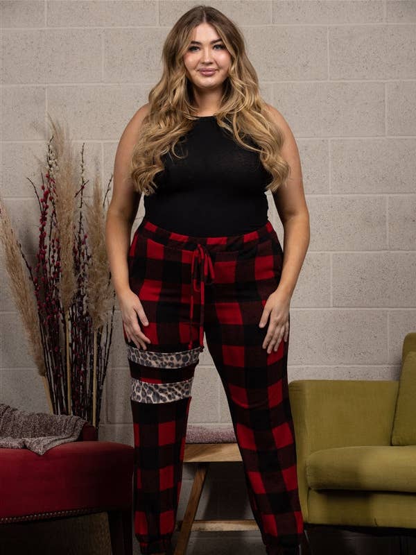 RØDE TERNET BLØDE FLEECE JOGGINGBUKSER I PLUSSTØRRELSE-SP1114 for engroshandel hos Stylish Wholesale