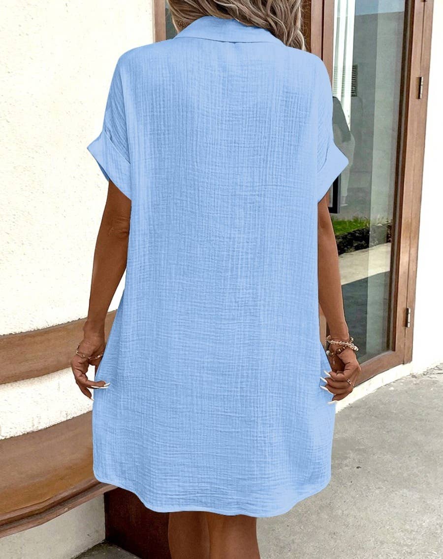 Lily Clothing - Wholesale Dress - Women's - Simple loose V-neck single breasted solid color shirt dress8
