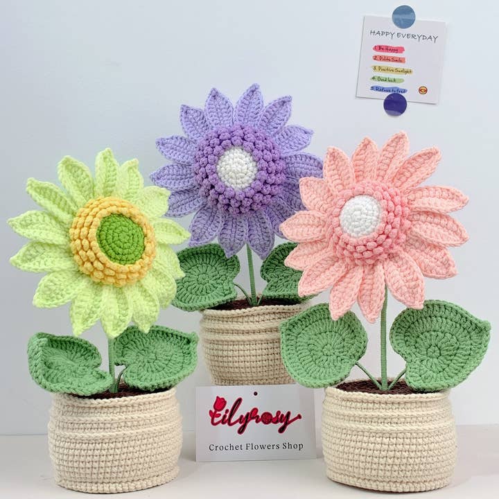 Lilyrosy(Duty free) - Wholesale Artificial Flowers - Crochet Sunflower plant pot, Handmade Valentine's Day gift0
