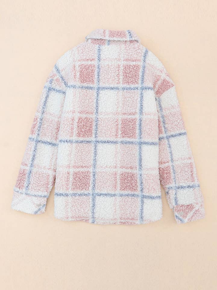 Multicolor Checker Print Turn Down Collar Sherpa Shacket for wholesale on Faire