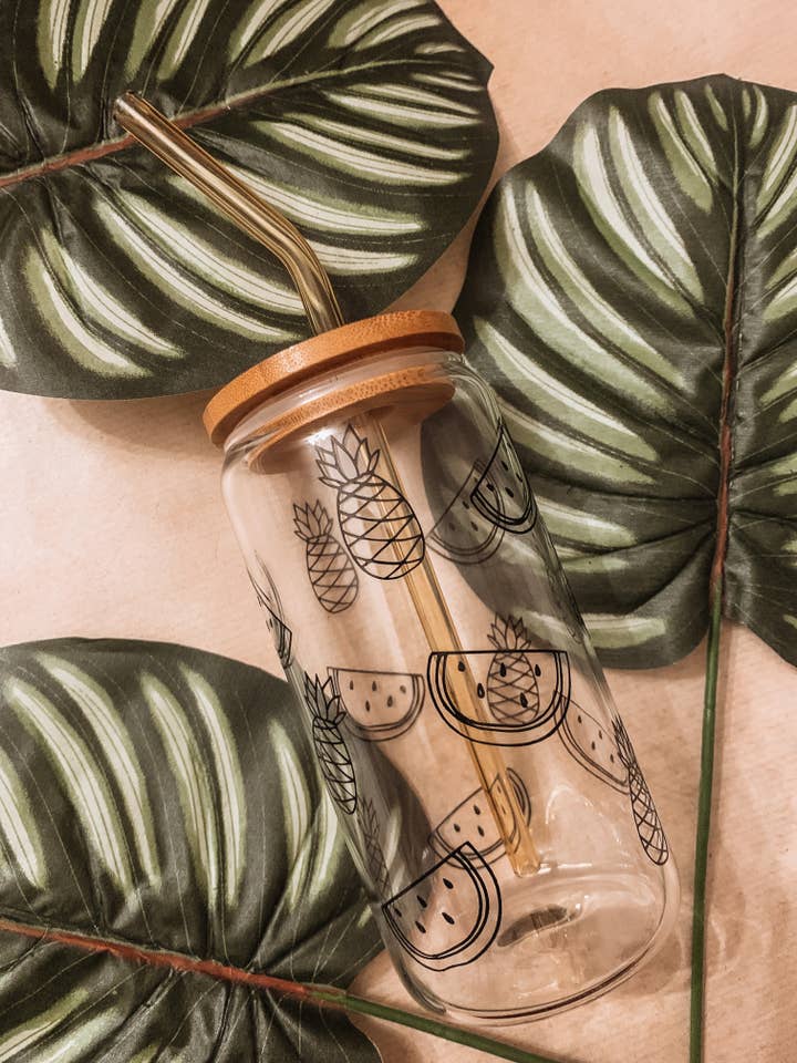 Tropical glass beer can glass with bamboo lid and straw for wholesale by Dottie Wombat