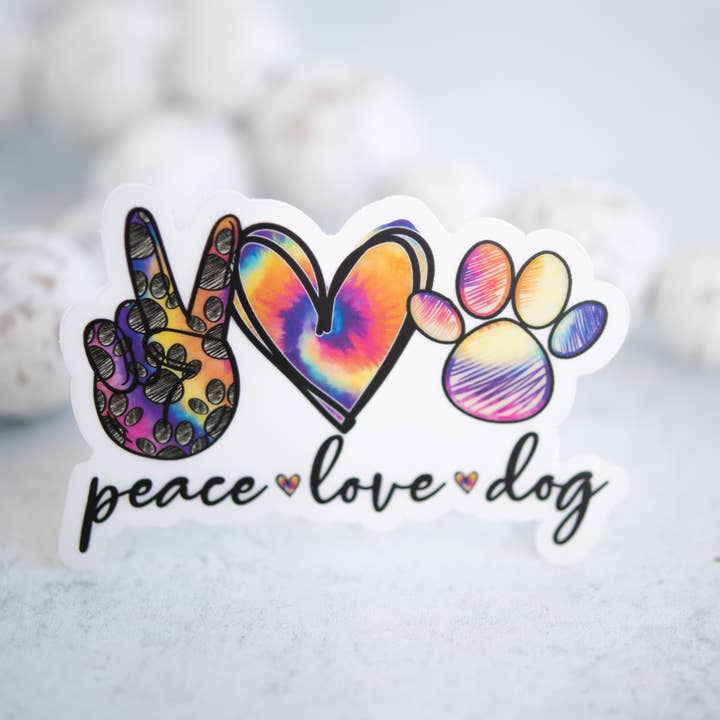 Peace Love Dog, Rainbow Sticker Vinyl Sticker, 3x3 in. for wholesale by Savannah and James Co
