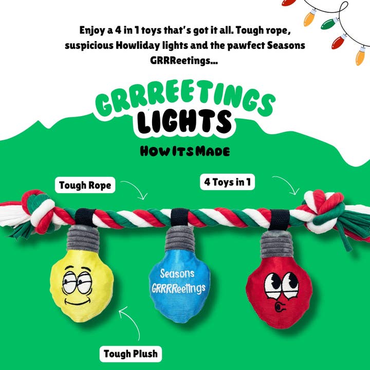 WoofCrate - Wholesale Pet Plush Toy - Dog - Season's GRRReetings | Christmas Lights Rope Dog Tug Toy1