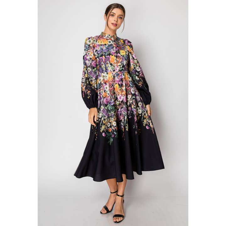 INA - Wholesale Dress - Women's - Long Puff Sleeve Floral Print Midi Dress