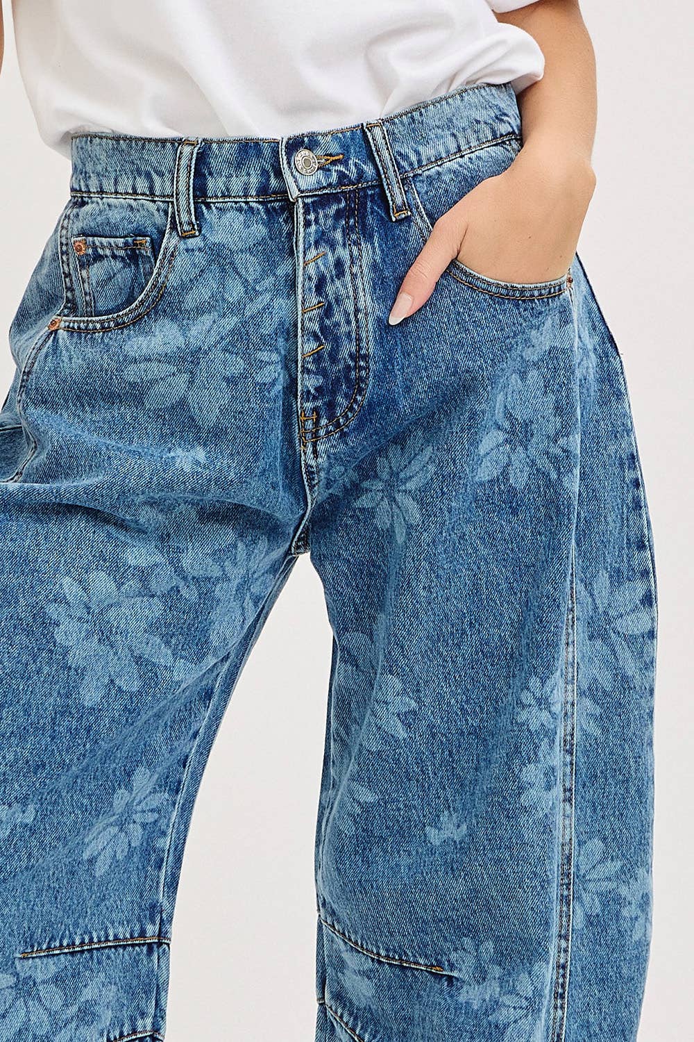 FLORAL PRINT DENIM BARREL JEANS for wholesale on Faire12