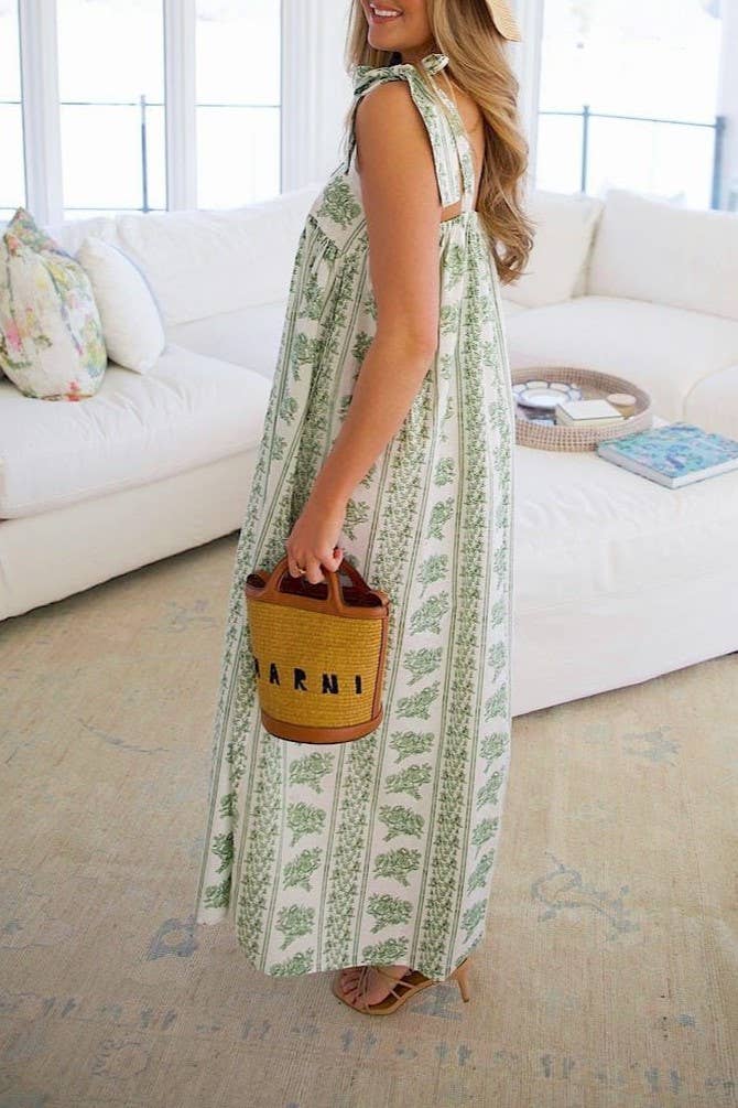 green Calista Ethnic Floral Print midi dress with bow straps for wholesale on Faire2