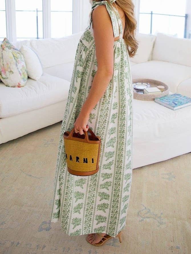 green Calista Ethnic Floral Print midi dress with bow straps for wholesale on Faire2