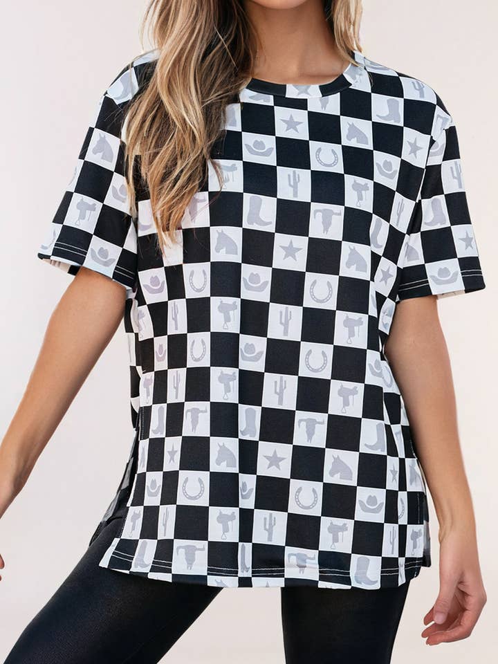 T-shirt à imprimé damier avec fente latérale de mode occidentale pour la vente par LA Society