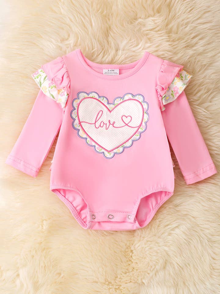 Kids Charm Online - Wholesale Bodysuit (Non-Footed) - Baby - Pink Love, heart applique baby onesie with ruffle butt. RPG60025 JEAN1