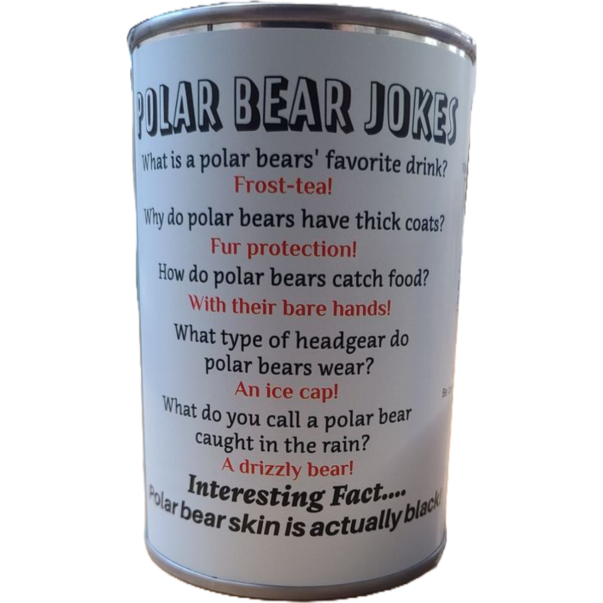 Canned Gifts - Vente Peluche – enfant et bébé - Peluche en peluche Snowball l'ours polaire en conserve avec blagues1