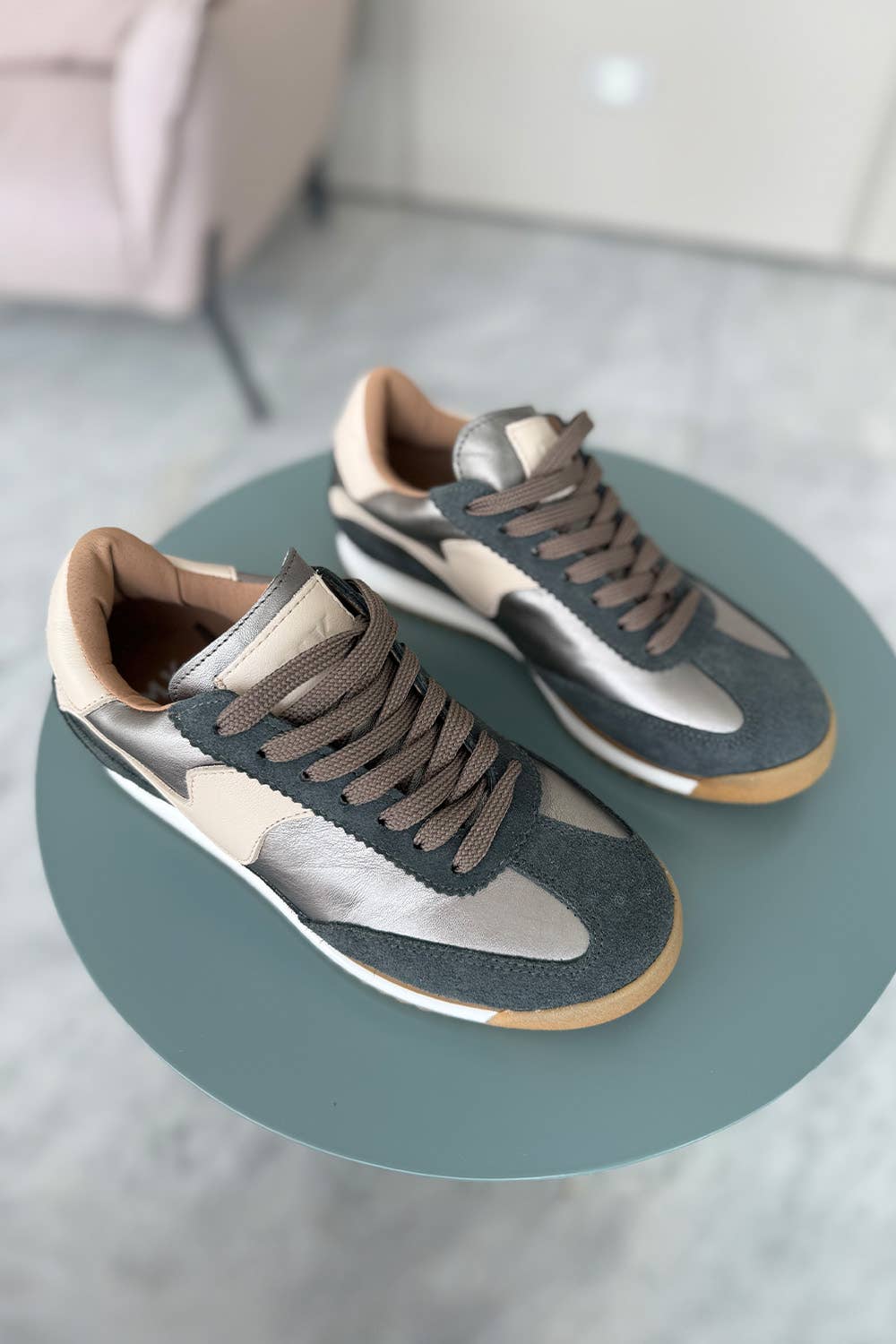 PMK SHOES - Wholesale Lifestyle Sneakers - Women's - Poema - Pewter - Handmade Cow Leather Sneakers6